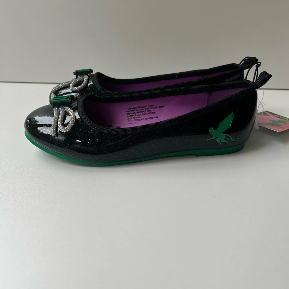 Wicked Black + Purple Ballet Flats Girls Size 9 with faux diamond bow +logo